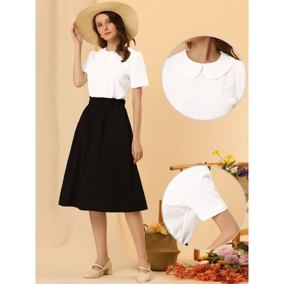 Peter Pan Collar Blouse Women Floral Jacquard Puff Short Sleeve Kawaii Top White - Picture 2 of 6